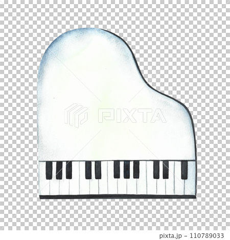 The piano is white, top view. The watercolor illustration is hand-drawn. Isolate. For posters, flyers and invitation cards. For banners and postcards. For logos, badges, stickers and prints. 110789033
