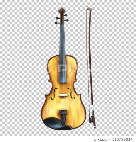 Violin. The watercolor illustration is hand-drawn. Isolate. For posters, flyers and invitation cards. For banners and postcards. For logos, badges, stickers and prints. For postcards, business cards. 110789034
