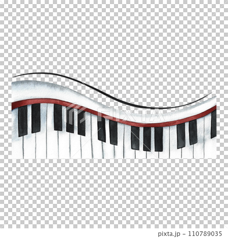 Musical piano keys, synthesizer. The watercolor illustration is hand-drawn. For posters, flyers and invitation cards. For posters, banners and postcards. 110789035