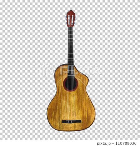 The guitar is six-stringed. The watercolor illustration is hand-drawn. Isolate it. For logos, badges, stickers and prints. For postcards, business cards, flyers and posters. 110789036