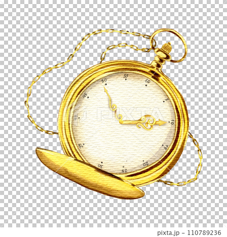 Golden vintage pocket watch. Clipart. Watercolor hand drawn art illustration. For cards, handmade textiles, prints, menus, poster Golden vintage pocket watch. Clipart. Watercolor hand drawn art illustration. For cards, handmade textiles, prints, menus, poster 110789236