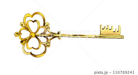 Golden vintage key. Clipart. Watercolor hand drawn art illustration. For cards, handmade textiles, prints, menus, poster Golden vintage key. Clipart. Watercolor hand drawn art illustration. For cards, handmade textiles, prints, menus, poster 110789241
