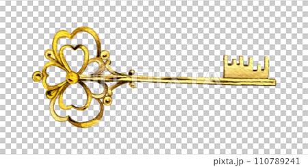 Golden vintage key. Clipart. Watercolor hand drawn art illustration. For cards, handmade textiles, prints, menus, poster Golden vintage key. Clipart. Watercolor hand drawn art illustration. For cards, handmade textiles, prints, menus, poster 110789241