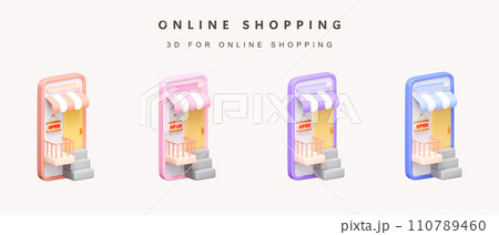 3d Set of color open store on phone for shopping online concept. icon isolated on white background. 3d rendering illustration. Clipping path. 3d Set of color open store on phone for shopping online concept. icon isolated on white background. 3d rendering illustration. Clipping path. 110789460