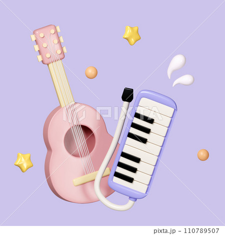 Music Instrument, Cute melodica and guitar isolated on background icon symbol clipping path. 3d render illustration 110789507