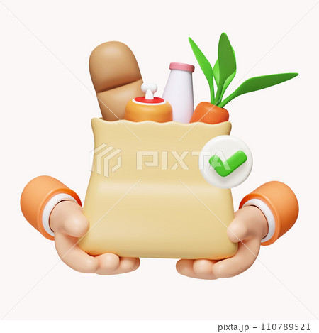 3d hand hold bag with food and correct mark . food delivery successfully. icon isolated on white background. 3d rendering illustration. Clipping path. 3d hand hold bag with food and correct mark . food delivery successfully. icon isolated on white background. 3d rendering illustration. Clipping path. 110789521