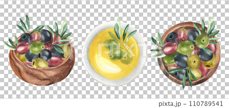 Olives and olive branches in wooden bowl and plate with olive oil. Top and side view. Green, black and red fruits watercolor hand drawn botanical illustration isolated on white background. Can be used 110789541