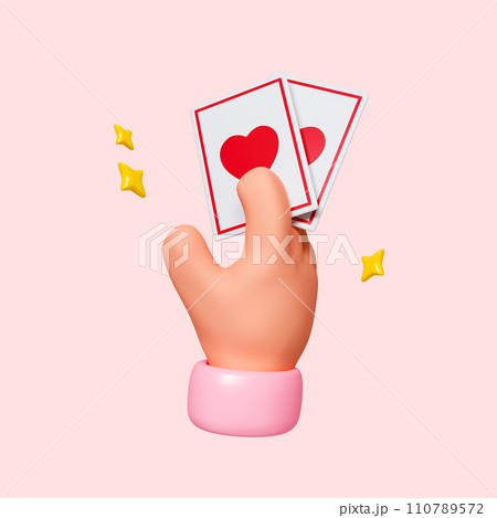 3D hand playing cards hearts. cartoon style isolated on pink background. clipping path. 3D render illustration 3D hand playing cards hearts. cartoon style isolated on pink background. clipping path. 3D render illustration 110789572