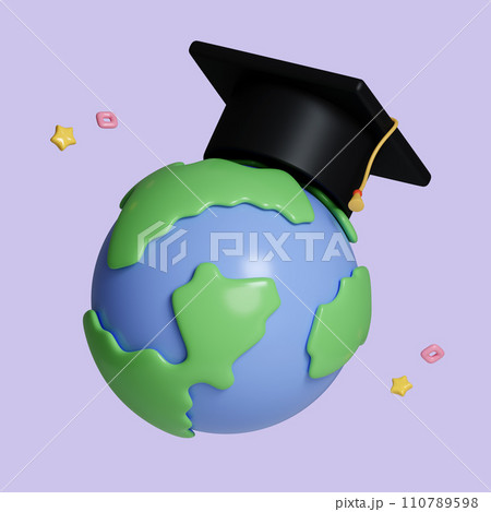Minimal background for online education concept. Blue globe with graduation hat isolated on background. 3d rendering illustration. Clipping path of each element included. 110789598