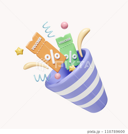 3d voucher with party poppers . gift coupon, certificate or promo code. icon isolated on white background. 3d rendering illustration. Clipping path. 3d voucher with party poppers . gift coupon, certificate or promo code. icon isolated on white background. 3d rendering illustration. Clipping path. 110789600