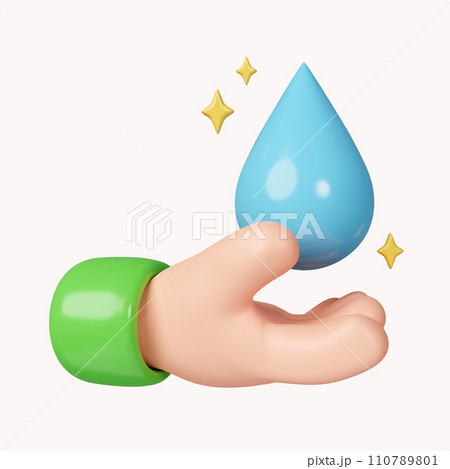 3d hand holding water drop. concept save the water. icon isolated on white background. 3d rendering illustration. Clipping path. 110789801