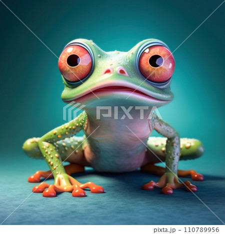 Green funny frog, animal closeup. AI content 110789956