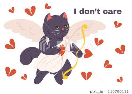 Grumpy cupid cat flying in a white cloth, holding arrow and bow in paw with wings behind him. Annoyed character who doesn't like Valentine's Day And Text - I Don't care. Grumpy cupid cat flying in a white cloth, holding arrow and bow in paw with wings behind him. Annoyed character who doesn't like Valentine's Day And Text - I Don't care. 110790111