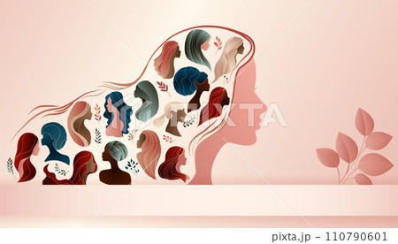 In profile silhouette of a woman with a multitude of multicultural women s silhouettes inside, representing a woman amplifying the voices of other women in the group. Women s day 110790601