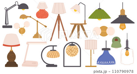 Hanging, Floor and Table Lamps with Stylish Lampshades Isolated on White Background. Modern Chandeliers with Light Bulbs Hanging, Floor and Table Lamps with Stylish Lampshades Isolated on White Background. Modern Chandeliers with Light Bulbs 110790978