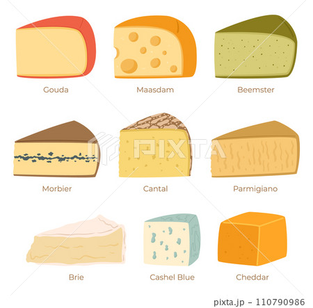 Cheese Collection Isolated on White Background. Gouda, Maasdam, Beemster, Morbier And Cantal. Parmigiano, Brie Cheese Collection Isolated on White Background. Gouda, Maasdam, Beemster, Morbier And Cantal. Parmigiano, Brie 110790986
