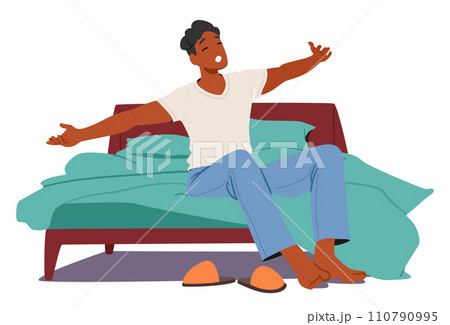 Man Awakens At Dawn, Greeted By The Gentle Embrace Of Sunlight. Male Character Stretching, He Rises From Slumber 110790995