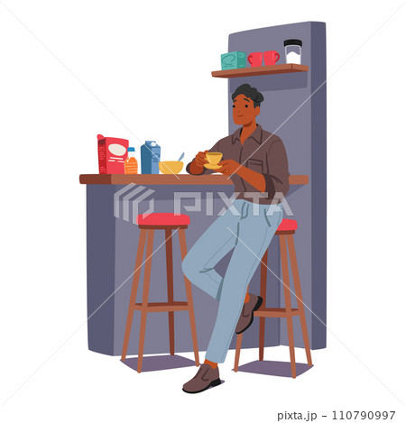 Young Man Immersed In His Daily Routine, Savors A Home-cooked Meal, Enjoys Familiar Flavors, Vector Illustration 110790997
