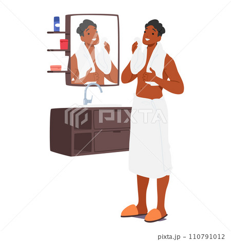 Man Stands In The Bathroom, Gazing At His Reflection In The Mirror. Young Male Character Contemplating The Day Ahead Man Stands In The Bathroom, Gazing At His Reflection In The Mirror. Young Male Character Contemplating The Day Ahead 110791012