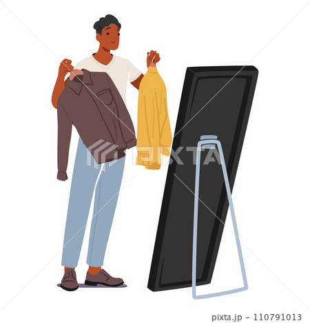 Male Character Dress-up Routine. Man Choose Outfit, Coordinate Colors, Select Accessories, Don Shoes Male Character Dress-up Routine. Man Choose Outfit, Coordinate Colors, Select Accessories, Don Shoes 110791013