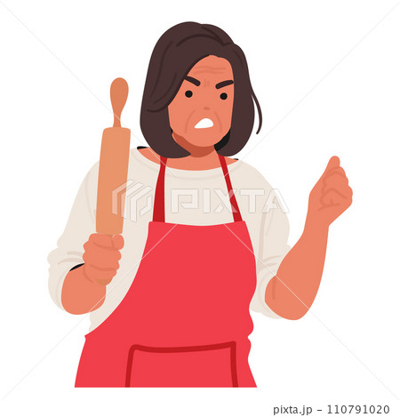 Furious Senior Woman Character, Wrinkles Etched With Rage, Brandishes A Rolling Pin Like A Weapon, Eyes Ablaze 110791020