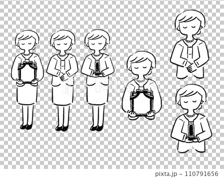 穿著喪服的女人，全身，手繪風格線條畫插圖集 110791656