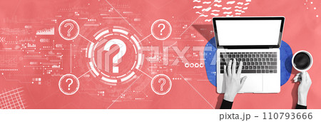 Question marks with person using a laptop Question marks with person using a laptop 110793666