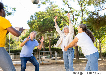 Happy mature people playing volleyball in summer park 110793726