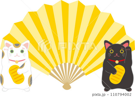 扇_扇子_招き猫二匹と金色の扇子 110794002