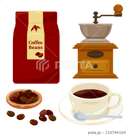 袋入りのコーヒー豆とコーヒー 110794104
