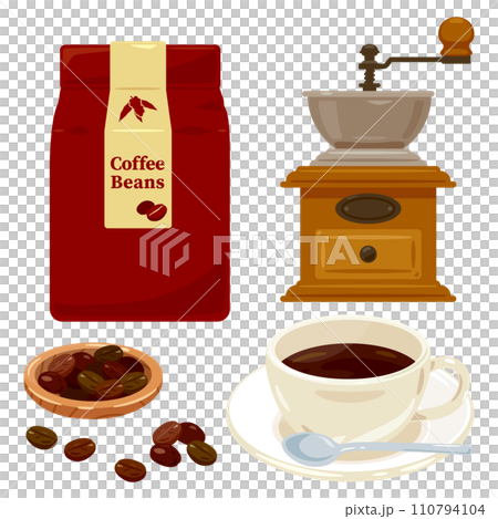 袋入りのコーヒー豆とコーヒー 110794104