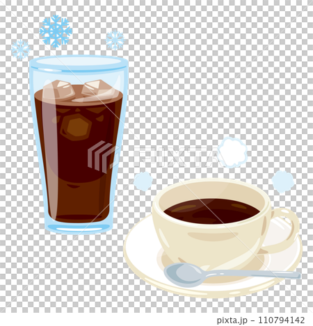 Iced coffee poured into a glass and hot coffee poured into a cup 110794142