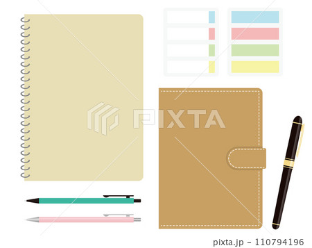 メモ帳と手帳と付箋と万年筆やボールペンのセット 110794196