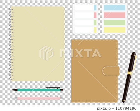 メモ帳と手帳と付箋と万年筆やボールペンのセット 110794196