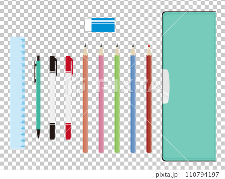 Set of pencil case, pencil, ruler, eraser and pen 110794197