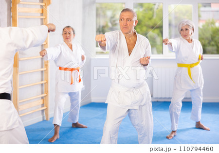 During kata karate training, senior students repeat techniques and defense after professional coach During kata karate training, senior students repeat techniques and defense after professional coach 110794460