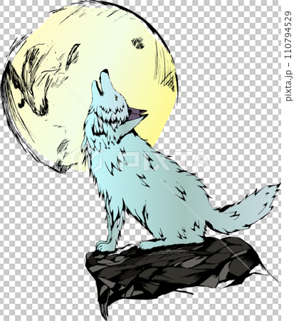 クールな狼と月の手書きのイラスト 110794529