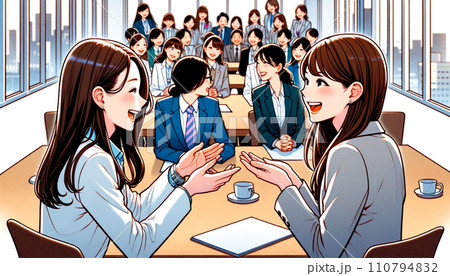 二人の女性新社会人がオフィスの中で商談練習で打ち合わせしながら話す様子_イラスト 110794832