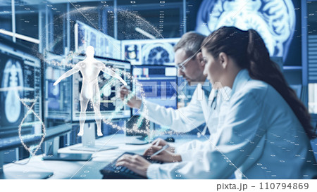 DNAとグローバルを背景とした先進医療・遠隔治療のイメージ　先進技術を使った新しい治療法。AI画像 110794869