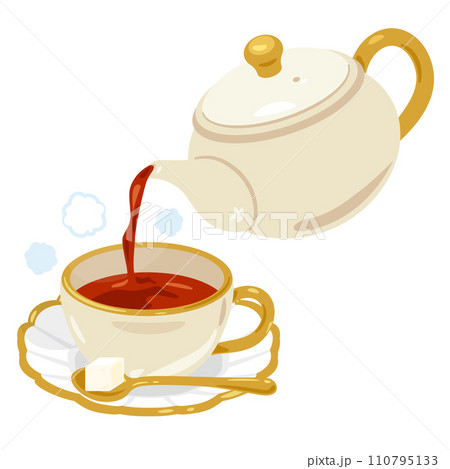 カップにホットティーを注ぐティーポット カップにホットティーを注ぐティーポット 110795133