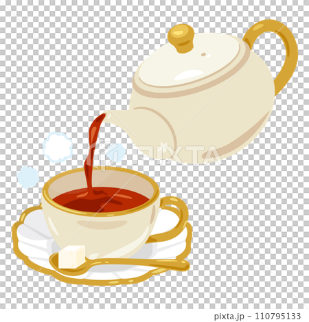カップにホットティーを注ぐティーポット カップにホットティーを注ぐティーポット 110795133