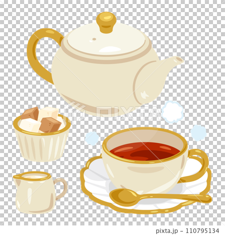 ホットティーが入ったカップとティーセット ホットティーが入ったカップとティーセット 110795134