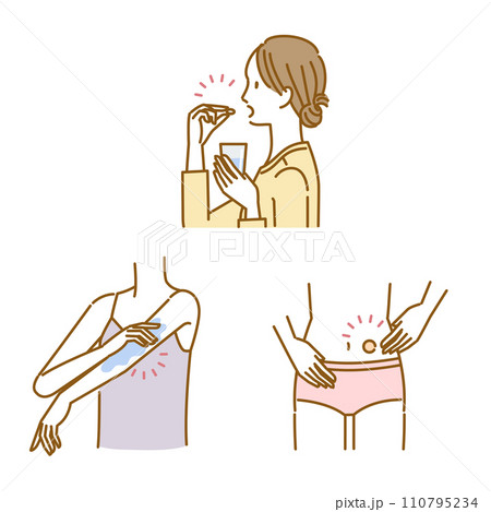 女性の更年期障害のホルモン充填療法イラストセット 女性の更年期障害のホルモン充填療法イラストセット 110795234