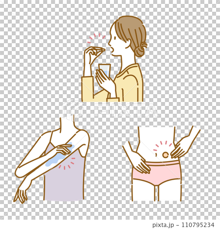 女性の更年期障害のホルモン充填療法イラストセット 女性の更年期障害のホルモン充填療法イラストセット 110795234