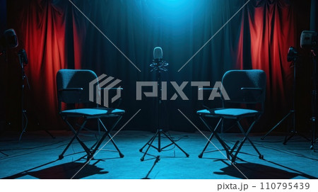 AI-generated content. Two chairs and microphones in podcast or interview room. Generative AI 110795439