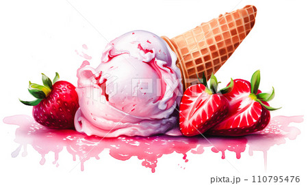 ストロベリーアイスクリームのイメージ水彩イラスト「AI生成画像」 110795476