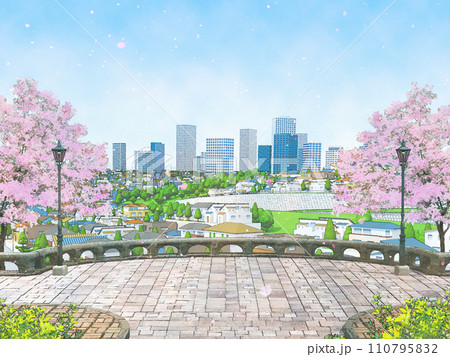 さくら　家　住宅　街　水彩画風　手描き　花　春　イラスト 　背景　BG 110795832
