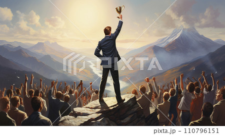 Businessman standing holding cup on top of mountain. achievement concept. Generative AI Businessman standing holding cup on top of mountain. achievement concept. Generative AI 110796151