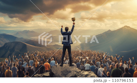 Businessman standing holding cup on top of mountain. achievement concept. Generative AI 110796153