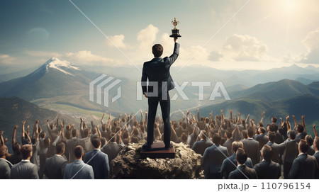 Businessman standing holding cup on top of mountain. achievement concept. Generative AI 110796154